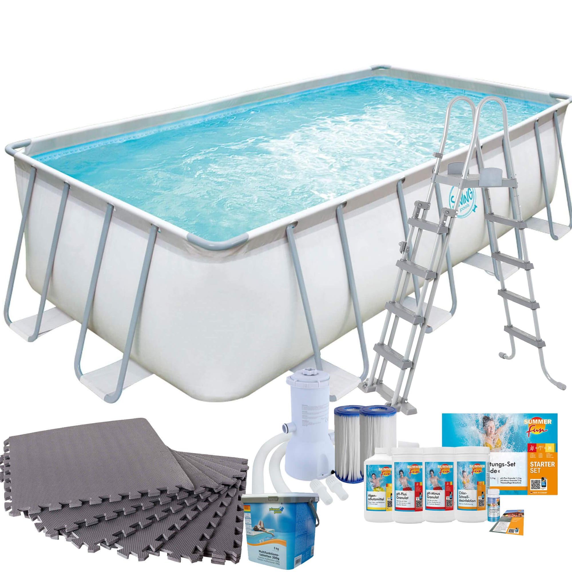Polygroup Summer Waves Frame Pool mit Kartuschenfilter, Bodenschutzmatten grau, Leiter und Starter Set Wasserpflege